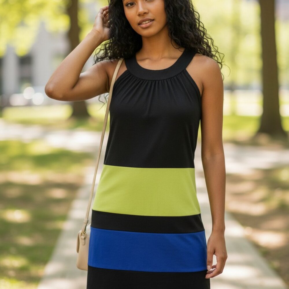 (C-74)Sweet‎ Storm Women’s Colorblock Sleeveless Dress Size S Black Green Blue